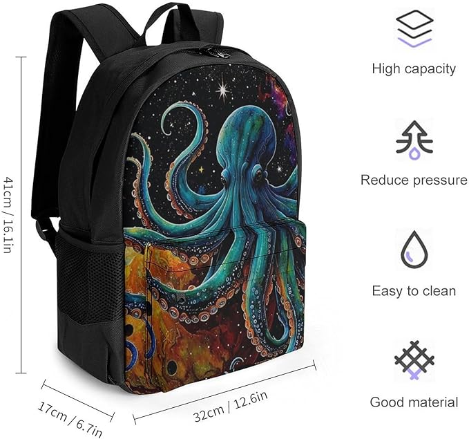 Supdreamc Daypack Backpack Anti-Theft Multipurpose Large Capacity Carry On Bag, Octopus On The Moon Holding Stars Planet Art Traveling Camping Backpack With Side Pockets