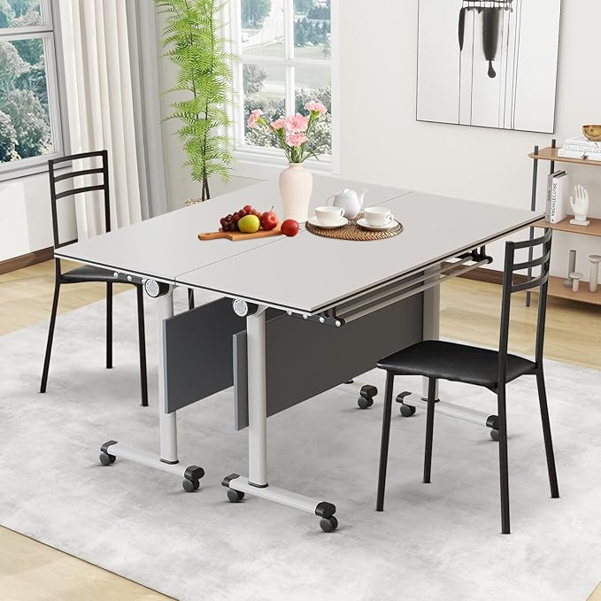 55 INCH Flip-Top Folding Meeting Table – Compact Mobile Seminar Desk with Lockable Casters, Durable Steel Frame for Office & Classroom Use