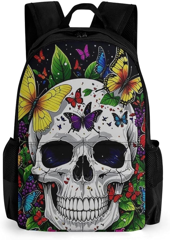 Men Women Lightweight Magic Mushrooms Skull Psychedelic Butterfly Art Casual Daypack Large Capacity Bookbag With Adjustable Shoulder Straps for Gym Business Bicycle