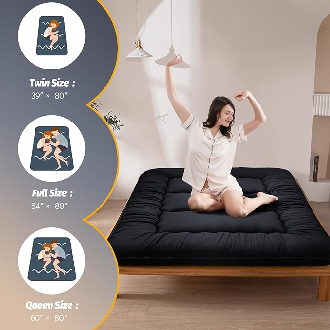 MAXYOYO 6" Thick Japanese Floor Mattress Futon Mattress, Foldable Tatami Pad for Adults, Roll Up Floor Bed for Guest Room Bedroom RV, Black, Queen