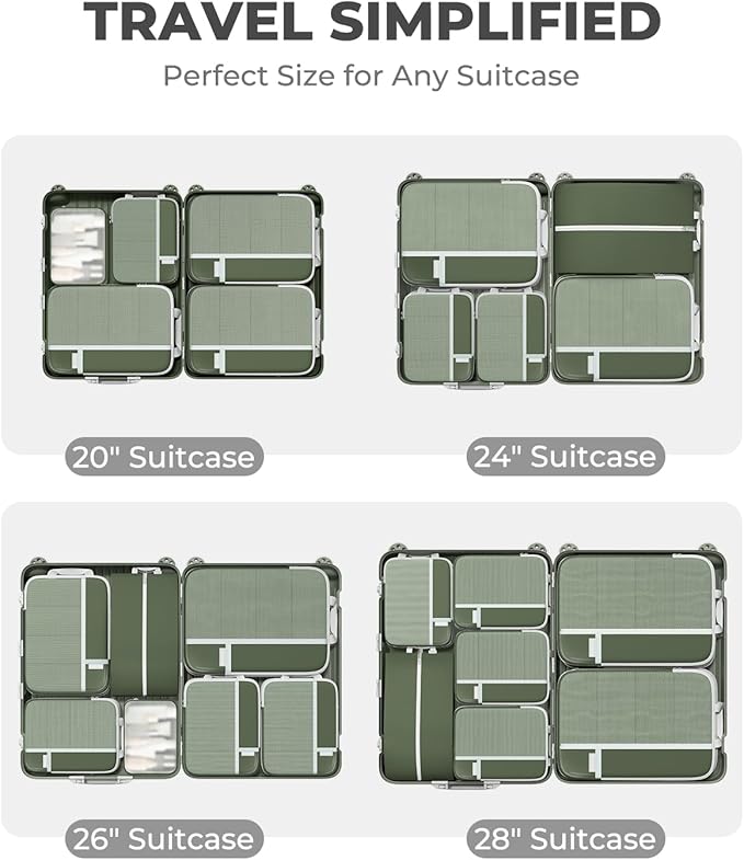 Percover Compression Packing Cubes 8-Piece Set, Packing Cubes Compression for Travel with Laundry Bag & Shoe Bag, Travel Organizer for Carry On & Checked Luggage, Green