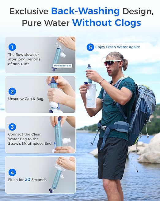 Waterdrop Gravity Water Filter Straw, Camping Water Filtration System, Water Purifier Survival for Travel, Backpacking and Emergency Preparedness, 1.5 gal Bag, 0.1 Micron, Light Blue