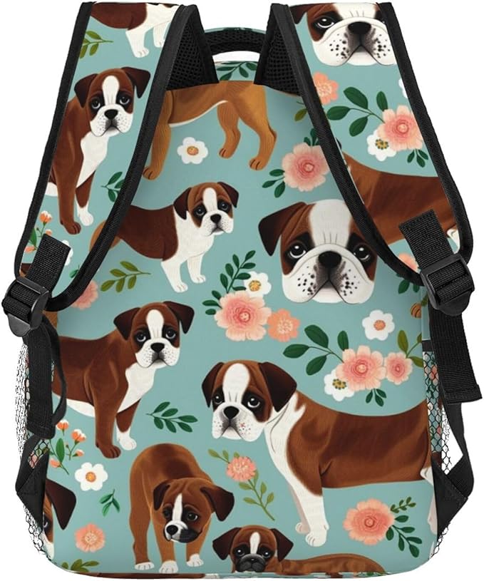 Men Women Polyester Boxer Dog Flowers Florals Mint Green Daypack Backpack Large Capacity Carry On Bag With Smooth Zippers for Hiking Picnic Walking Cycling
