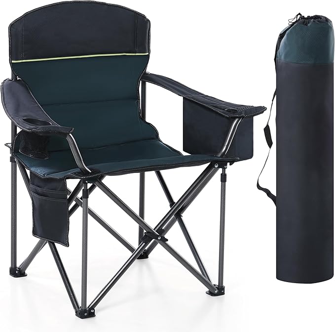 HIGH POINT SPORTS Camping Folding Chair, Heavy Duty Oversized Portable Outdoor Chair, Foldable Camp Chair with Cup Holder and Cooler Bag Support 450 LBS, Green…