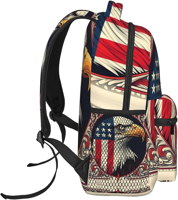Men Women Polyester American Flag Eagle Art Daypack Backpack Large Capacity Carry On Bag With Smooth Zippers for Hiking Picnic Walking Cycling