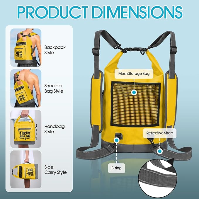 Dry Bag Waterproof,5L/10L/20L/30L Roll Top Dry Bag Backpack with WaterProof Phone Case for Swim,Kayak(Yellow 10L)
