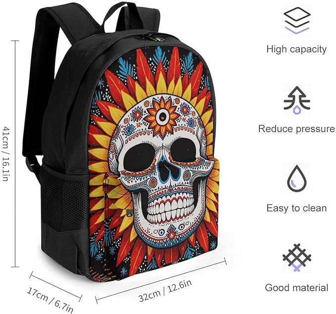 Supdreamc Men Women Polyester Sugar Skull Sun Backpack Large Capacity Bookbag With Smooth Zippers for Climbing Picnic Bicycle