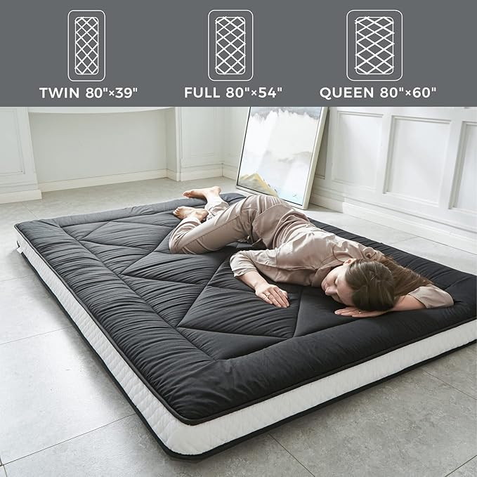 Japanese Foldable & Portable Roll up Camping Mattress, Futon Mattress, Black Twin