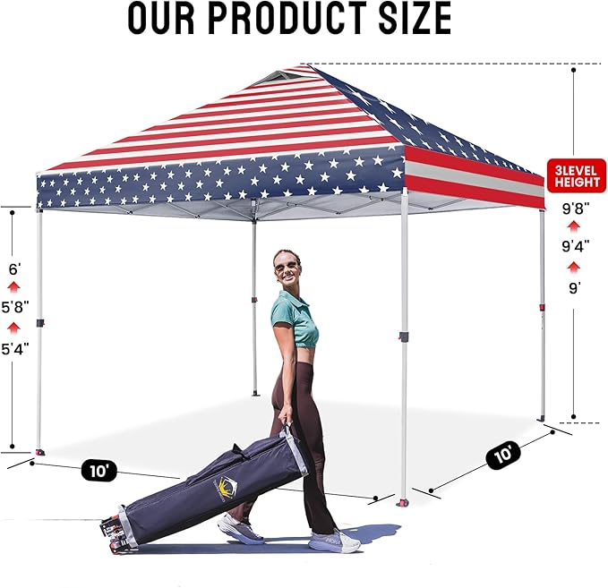 CROWN SHADES 10x10 Pop Up Canopy - Beach Tent with One Push Setup - Easy Outdoor Sun Shade for Events, Parties, Camping - Gazebo with STO-N-Go Cover Bag, Silver Coated Top, American Flag