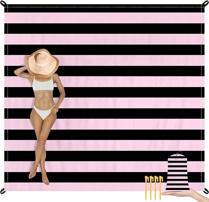 Beach Blanket Waterproof Sandproof, Oversized Picnic Blankets with Stakes – Lightweight Quick-Drying, Extra-Large Pink and Black Striped Beach Mat for Outdoors, Camping, Hiking Trips
