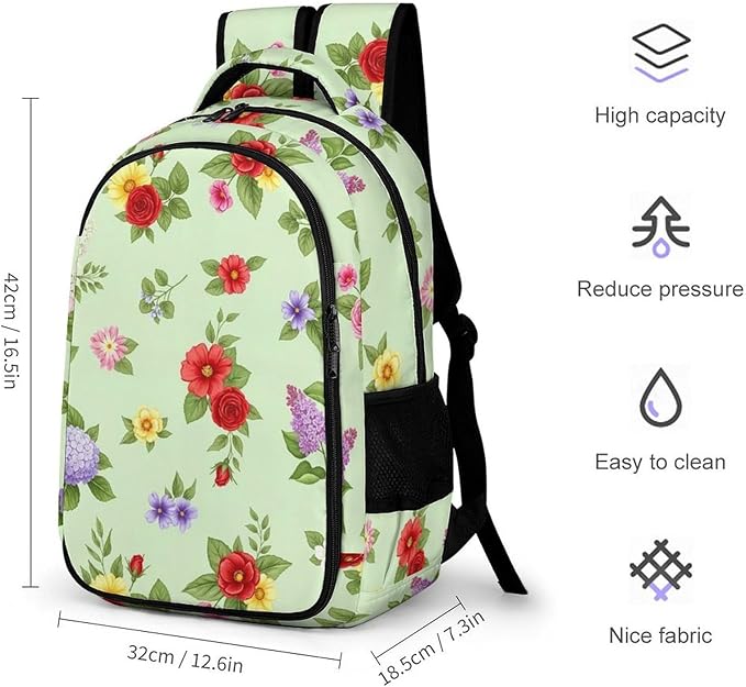 Nurse Teacher Laptop Backpack Shabby Chic Flowers Roses Pedals Dots Leaves Buds Spring Season Theme, Cute Travel Backpack Purse with Tumbler Holder for Women College Work Commute