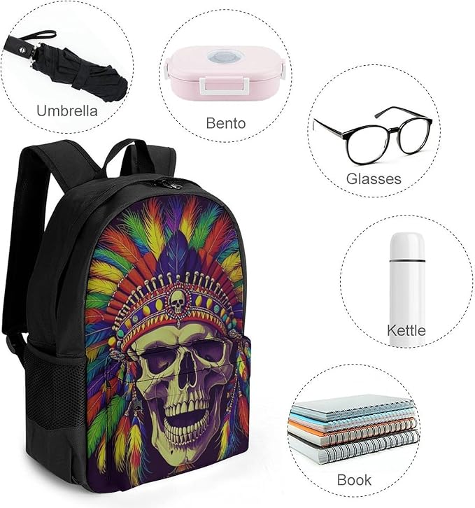 Polyester Daypack Backpack for Trekking Picnic Walking Cycling, Large Capacity Anti-Theft Multipurpose Shoulder Bag, Indian Skull Chief Native Art Casual Daypack