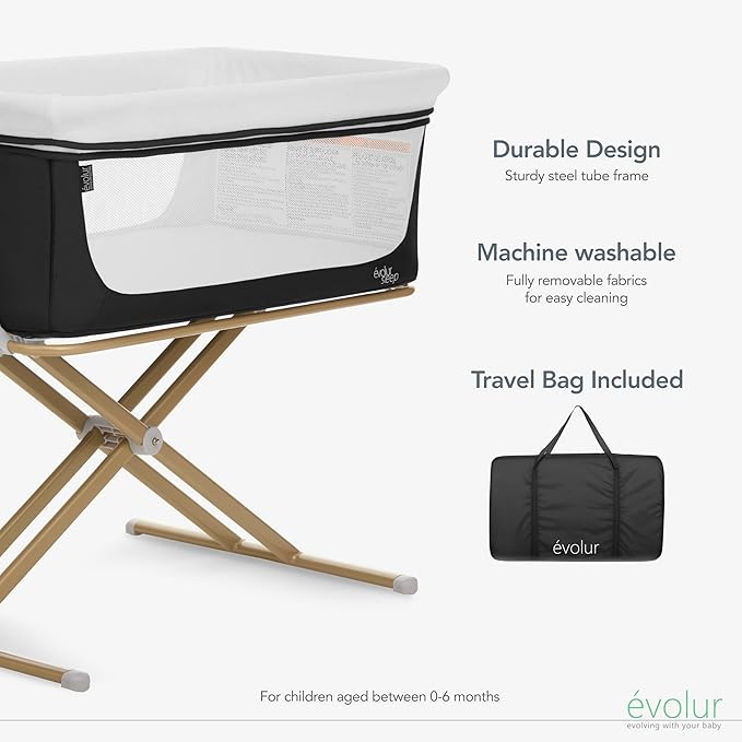 Evolur Orabelle Baby Bassinet & Bedside Sleeper, Breathable Mesh Sides, Plush Mattress Pad with Removable Cover, Tool-Free Assembly, Quick Foldable Steel Frame Compact Design with Travel Bag – Black
