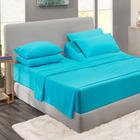 Clara Clark Flex Top King Sheets, 6 Piece Set - Hotel Luxury Sheets for Top Split King Bed, Super Soft Bedding Set, Head Split King Beach Blue
