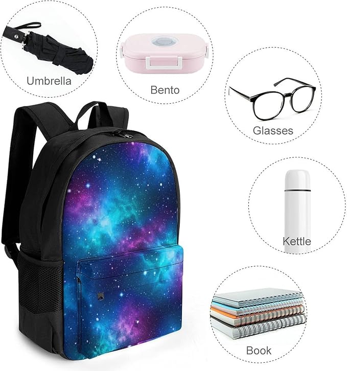 Men Women Polyester Purple Galaxy Blue Casual Daypack Large Capacity Carry On Bag With Adjustable Shoulder Straps for Camping Work Running
