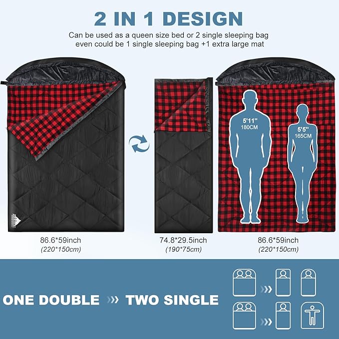 AGEMORE Cotton Flannel Double Sleeping Bag with Fleece Lined Hood, Waterproof Queen Size 2 Person Sleeping Bag for Adults Cold Weather Camping Backpacking or Hiking, 3-4season