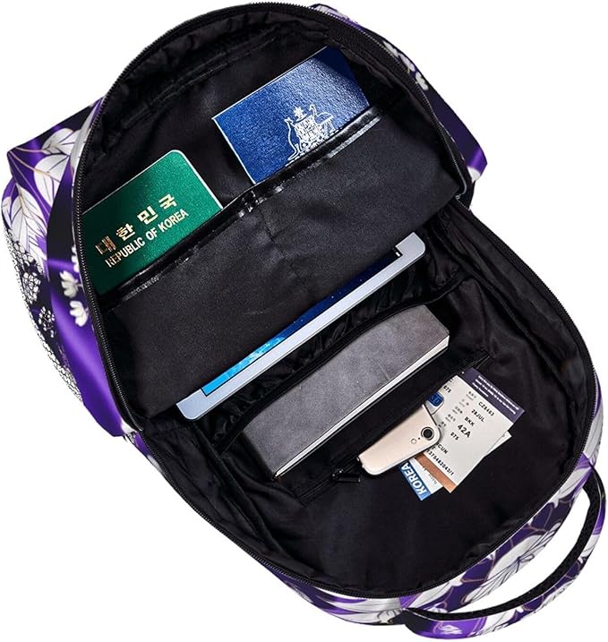 Men Women Polyester Aloha Hawaiian Purple Floral Art Daypack Bookbag Big Capacity Shoulder Bag With Padded Straps for Climbing Travel Walking Cycling