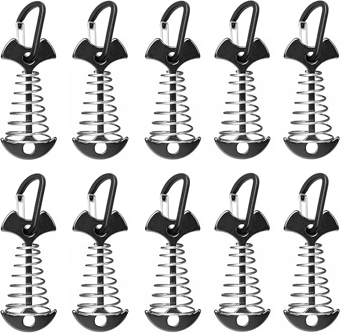 Fishbone Deck Anchor Pegs with Carabiners, Aluminium Tent Stakes with Spring Buckle, Windproof for Outdoor Camping Hiking (10Pcs Black)