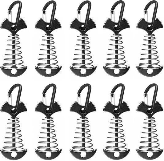 Fishbone Deck Anchor Pegs with Carabiners, Aluminium Tent Stakes with Spring Buckle, Windproof for Outdoor Camping Hiking (10Pcs Black)