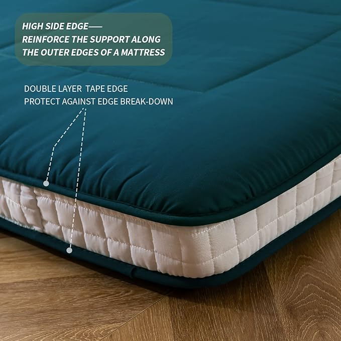 MAXYOYO Futon Mattress, Padded Japanese Floor Mattress Quilted Bed Mattress Topper, Extra Thick Folding Sleeping Pad Breathable Floor Lounger Guest Bed for Camping Couch, Bluestone, Queen