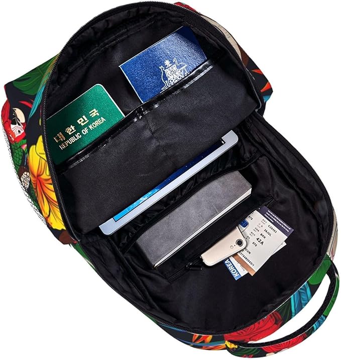 Men Women Lightweight Macaw And Tropical Cocktail Art Casual Daypack Big Capacity Bookbag With Padded Straps for Gym Travel Walking Cycling