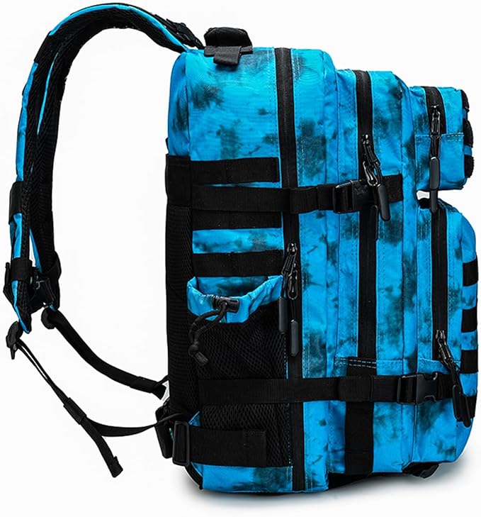 Military Tactical Backpack 45L Bug Out Bag Assault Pack Molle Daypack Hiking Gym Rucksack with Bottle Holder(Blue tie dye)