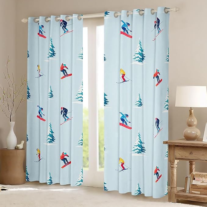 Manfei Skiing Window Drapes,Ski Winter Extreme Sports Game Blackout Curtains,Mountain Snowboarding Pine Tree Nature Boys Girls Room Decor,Blue 2 Panels,42Wx63L inch