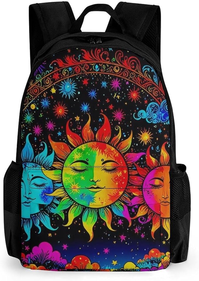 Supdreamc Men Women Polyester Mandala Triple Sun Hippie Trippy Psychedelic Boho Art Daypack Bookbag Big Capacity Shoulder Bag With Padded Straps for Climbing Travel Walking Cycling