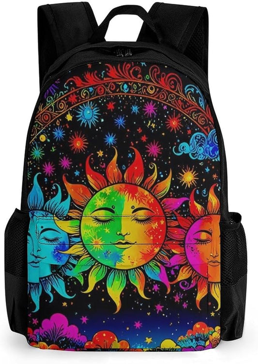 Supdreamc Men Women Polyester Mandala Triple Sun Hippie Trippy Psychedelic Boho Art Daypack Bookbag Big Capacity Shoulder Bag With Padded Straps for Climbing Travel Walking Cycling