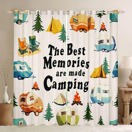 Cartoon Camper Window Drapes,RV Trailer Rustic Adventure Boys Girls Room Decor,Tent Bonfire Campfire Pine Tree Nature Blackout Curtains,Colorful 2 Panels,42Wx84L inch