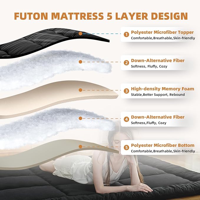 Queen Size Japanese Floor Futon Foldable Futon Mattress for Floor Tatami Mattress Portable Rollaway Bed for Guest Playmat for Kids Tatami Sleeping Pad Japanese Mattress for Adults Black A