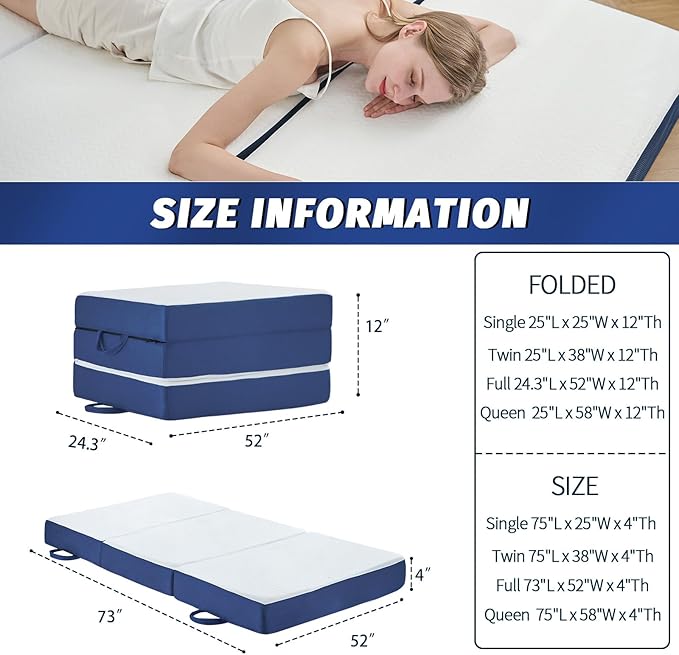 CYMULA Folding Mattress Queen Size,4 inch Memory Foam Tri Portable Trifold Mattress Topper Queen with Breathable & Washable Cover, Foldable Guest Bed for Camping