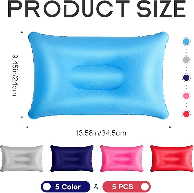 Maitys 5 Pieces Inflatable Travel Pillow Portable Compact Air Pillow Flocked Fabric Backpacking for Camping Hiking Home Office Sleeping Neck Head Lumbar Support(13.39 x 8.66 Inches,Multicolor)
