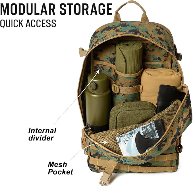 MT Military Rucksack Style Assault Pack Compatible with FILBE System – Tactical MOLLE Backpack for Outdoor Hiking Camping Hunting – Modular 30L Capacity Marpat Woodland
