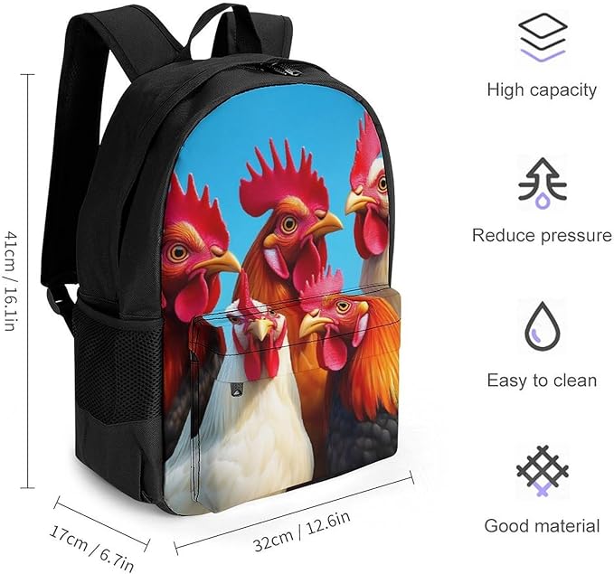 Supdreamc Polyester Daypack for Camping Travel Walking Cycling, Big Capacity Anti-Theft Multipurpose Bookbag, Roosters Animals Funny Chicken Camping Outdoor Backpack