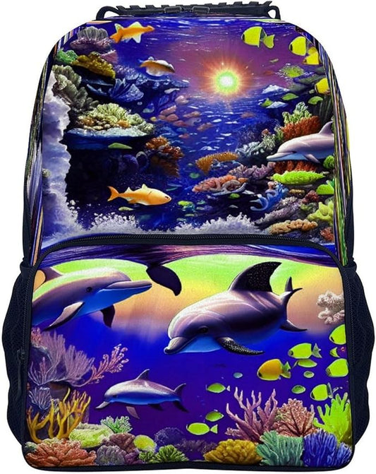 Lightweight Rucksacks for Camping Picnic Walking Cycling, Large Capacity Multipurpose Anti-Theft Carry On Bag, Magical Underwater World Of Dolphins And Fish Art Travel Hiking Camping Rucksack