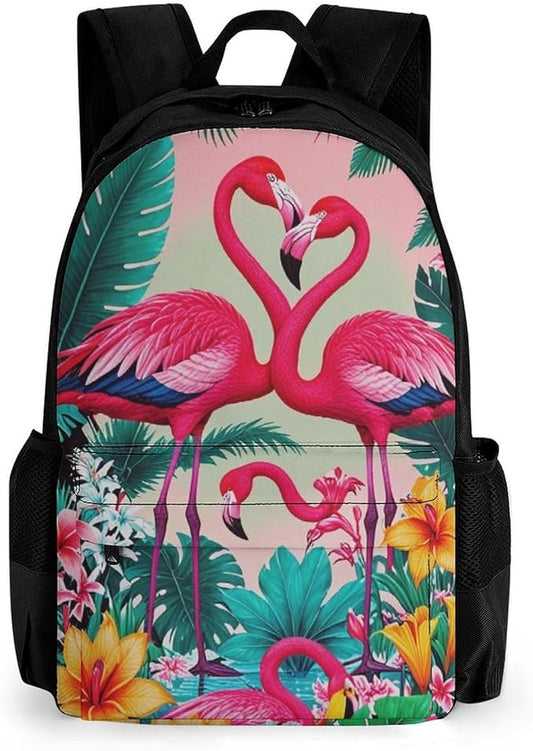 Supdreamc Daypack Backpack Polyester Anti-Theft Multipurpose Flamingos Flower Palm Pink Summer Holiday Bookbag Big Capacity Travel Hiking Camping Rucksack With Smooth Zippers