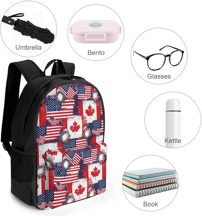 Polyester Daypack for Hiking Work Running, Big Capacity Anti-Theft Multipurpose Shoulder Bag, Canadian And American Grunge Flag Travel and Sport Backpack Rucksack