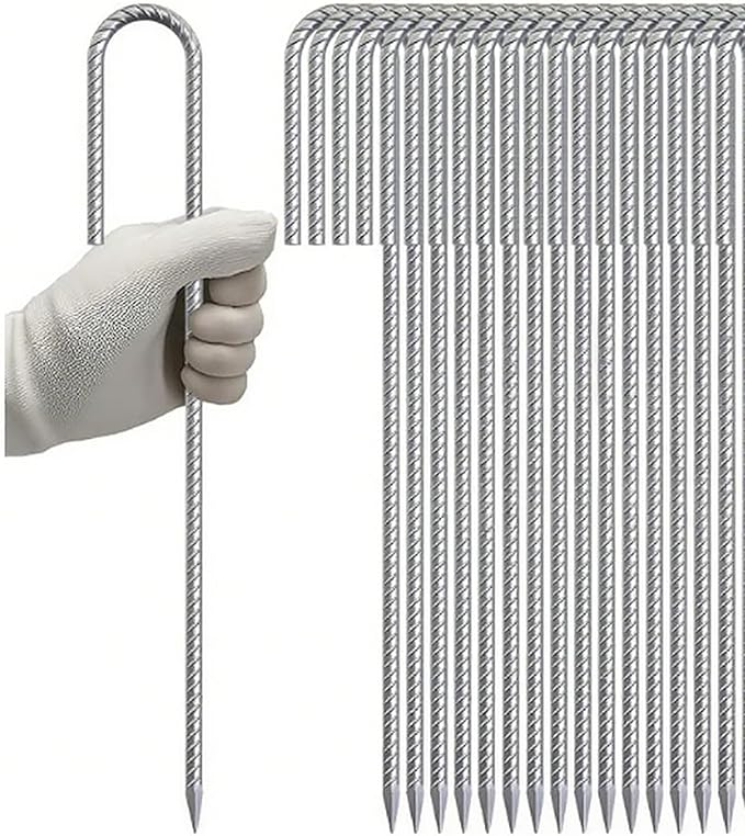 RM1009 12 inch J Shaped 10-Pack Fence Stakes Heavy Duty Rebar Ground Stakes Anchor Tent Metal Stakes for Outdoor Canopy Decorations Inflatables (J-Shape-Silvery, J-12 * 5/16"-16PACK)