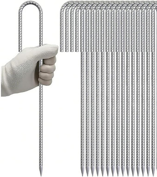 RM1009 12 inch J Shaped 10-Pack Fence Stakes Heavy Duty Rebar Ground Stakes Anchor Tent Metal Stakes for Outdoor Canopy Decorations Inflatables (J-Shape-Silvery, J-12 * 5/16"-16PACK)