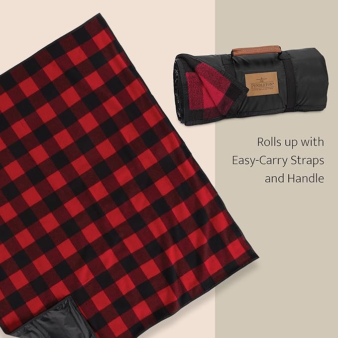 Pendleton Roll-Up Travel Blanket 60” x 70”, Durable Wool Blanket with a Waterproof Nylon Backing, Portable for Travel, Camping and Picnics with Leather Handle Grip and Patch