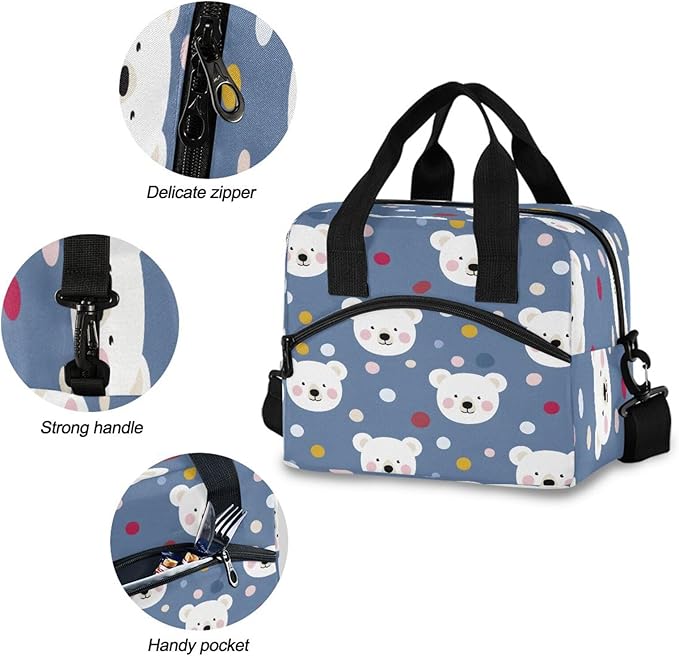 ALAZA Bear Dot Pattern Lunch Box for Men Women Adults Insulated Lunch Bag Cooler Bag with Adjustable Shoulder Strap for Work Picnic Travel