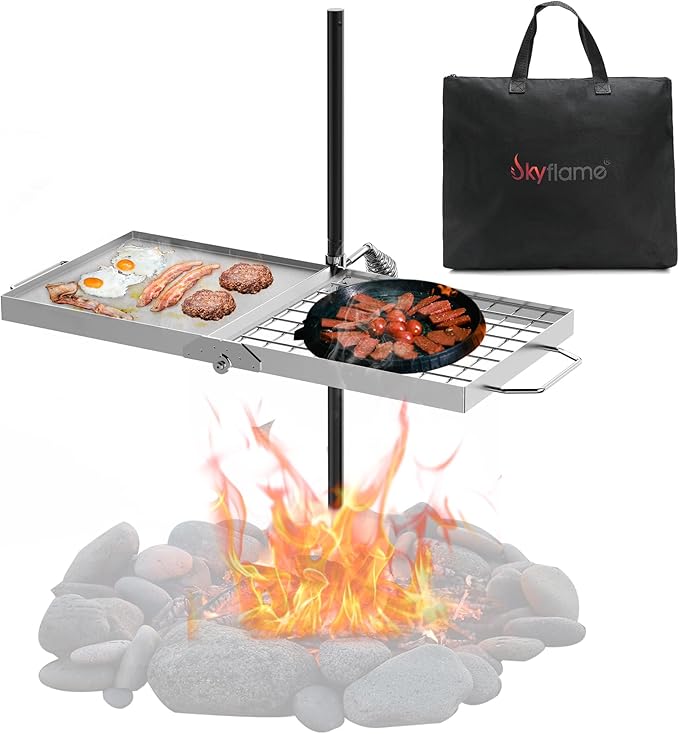 Skyflame Folding Campfire Grill Grate, Stainless Steel Swivel Camping Grill Grate and Griddle with Carrying Bag, Portable Outdoor Cooking Equipment for Open Flame Fire Pit, Backpacking, Camping