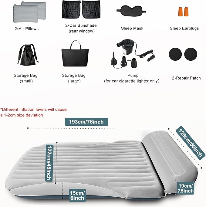SUV Air Mattress, Double-Sided Thick Flocked Car Air Mattress with Built-in Pump & Pillow, Complete Sleeping Accessories for Auto Camping & Road Trips（Light Grey）