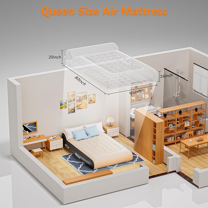 Queen Air Mattress Full with Built in Pump for Camping 16" High Speed Inflatable Mattress Inflation Completed in 3 Minutes, Luxury Blow up Mattress Comfort Flocked Airbed for Guest,Home