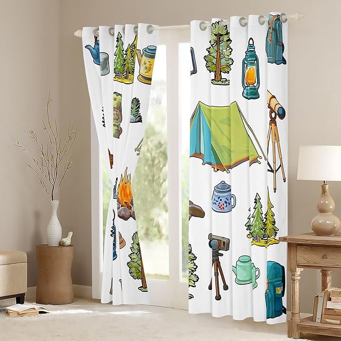 Feelyou Camper Theme Curtains for Bedroom Living Room Happy Camping Blackout Shades Adventure Camper Room Darkening Curtain Window Treatments, 2 Panels 52 x 96 Inch Decor