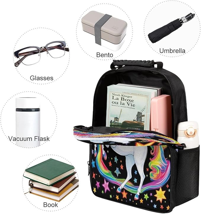 Daypack Backpack Polyester Anti-Theft Multipurpose Colorful Space Rainbow Unicorns Bookbag Big Capacity Travel Hiking Camping Rucksack With Smooth Zippers
