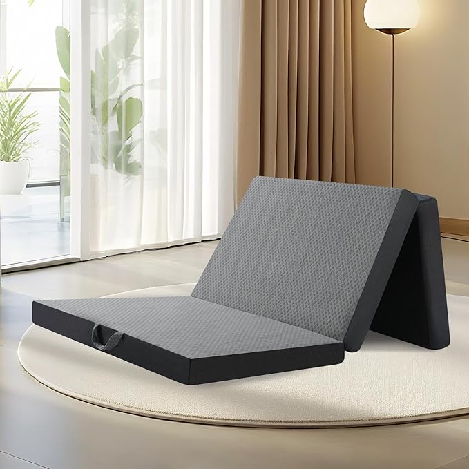 Tri Folding Mattress Twin Size - Memory Foam Tri-fold Handle & Non-Slip Bottom, Portable Foldable Sofa Bed Floor Chair for Travel RV Camping Guest Yoga - 4 Inch, 75"x38"x4"