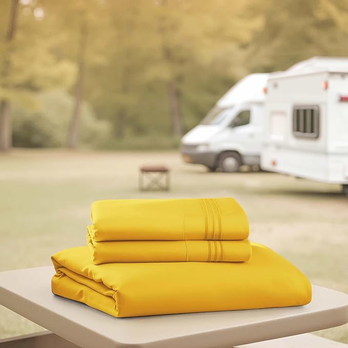 Hearth & Harbor Short Queen Sheets for RV, Yellow RV Queen Sheets, Silky Soft 1800 Microfiber Bed Sheet for Camper, 4 Piece RV Bedding with Pillowcases