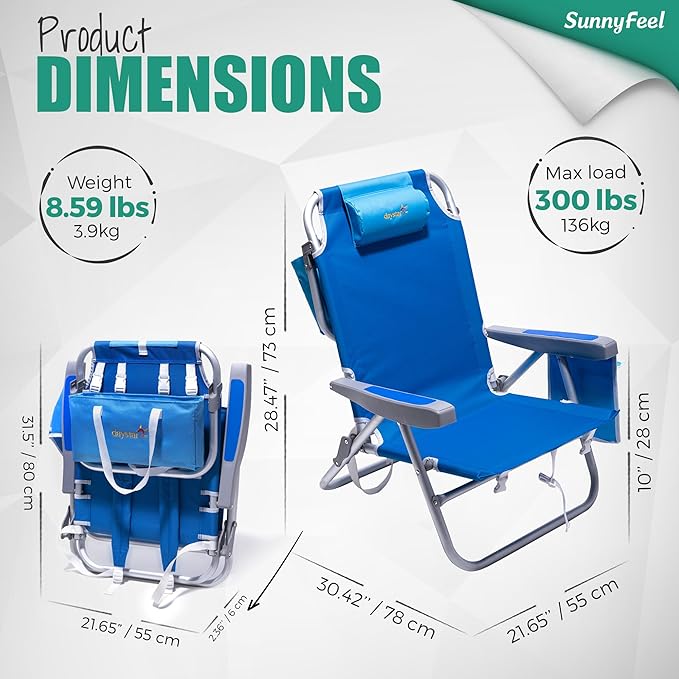 SUNNYFEEL Beach Chairs for Adults 2 Pack 5 Position Lay Flat, Portable Folding Backpack Beach Chair Heavy Duty with Cooler Bag, Cup Holder for Outdoor/Lawn/Picnic, Foldable Camping Chair